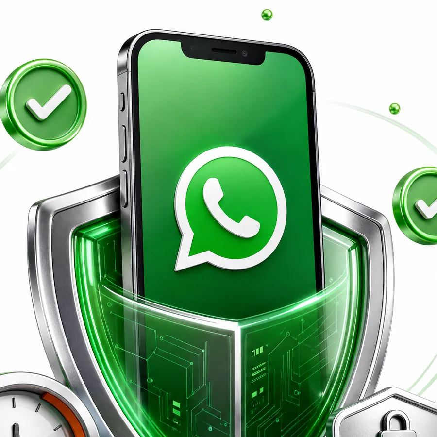Celular com WhatsApp protegido por um escudo, com marcas de verificação ao redor.